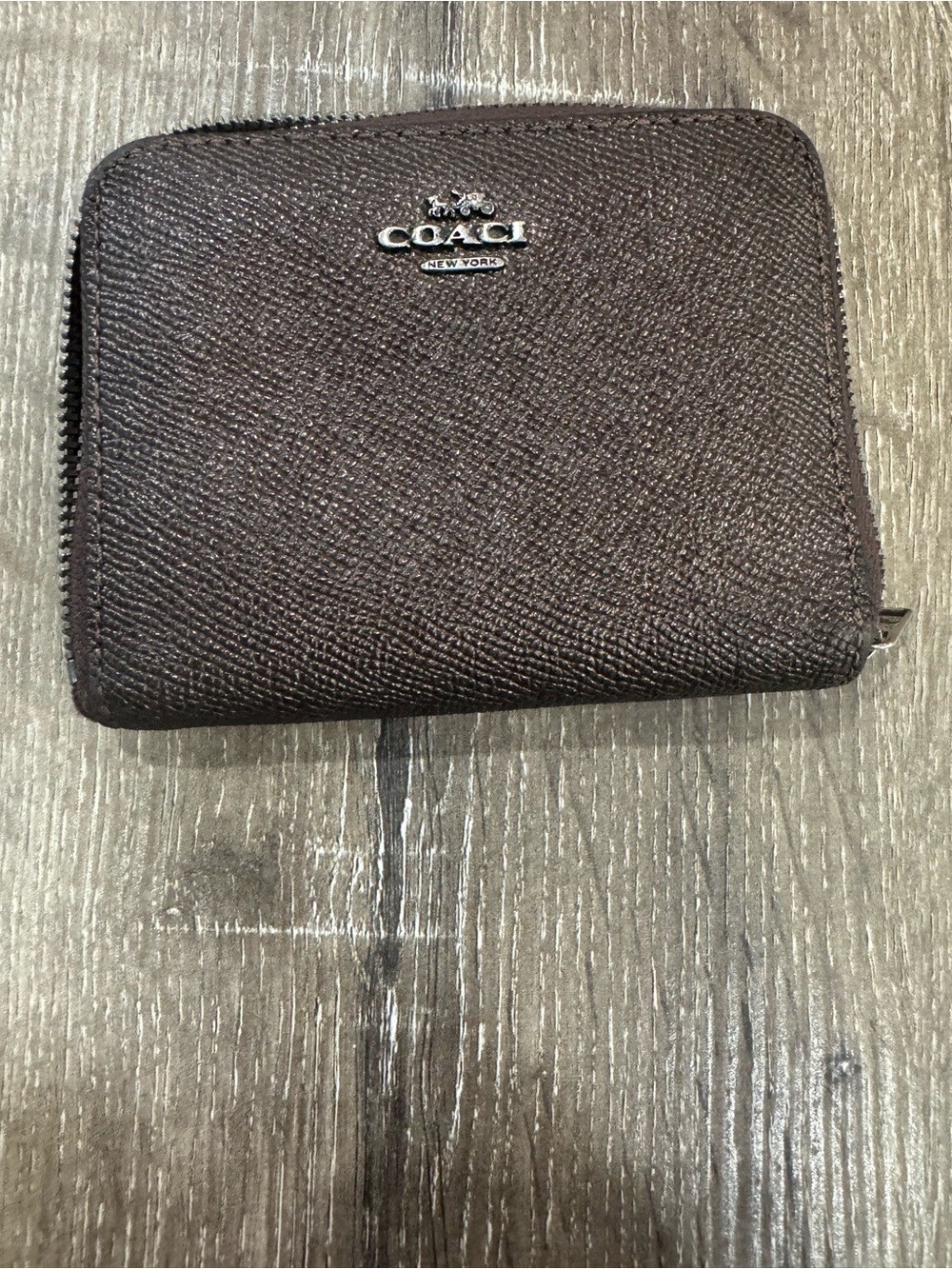 Coach Dark Brown Zip-Around Leather Wallet with Silver Logo
